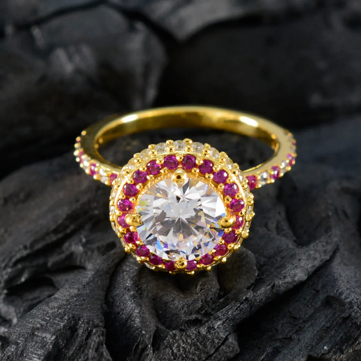 Riyo Antique Silver Ring With Yellow Gold Plating Ruby CZ Stone Round Shape Prong Setting Custom Jewelry Thanksgiving Ring