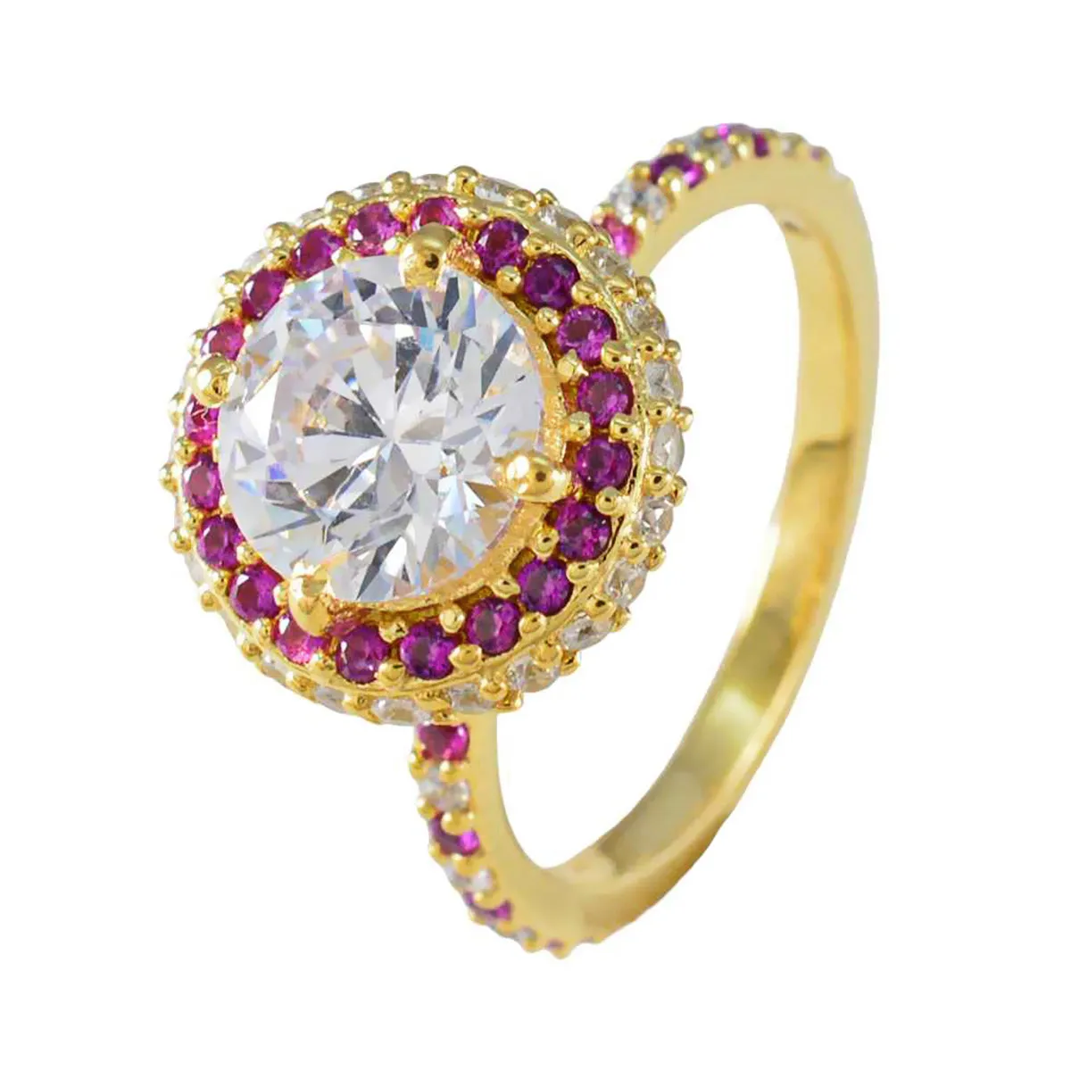 Riyo Antique Silver Ring With Yellow Gold Plating Ruby CZ Stone Round Shape Prong Setting Custom Jewelry Thanksgiving Ring