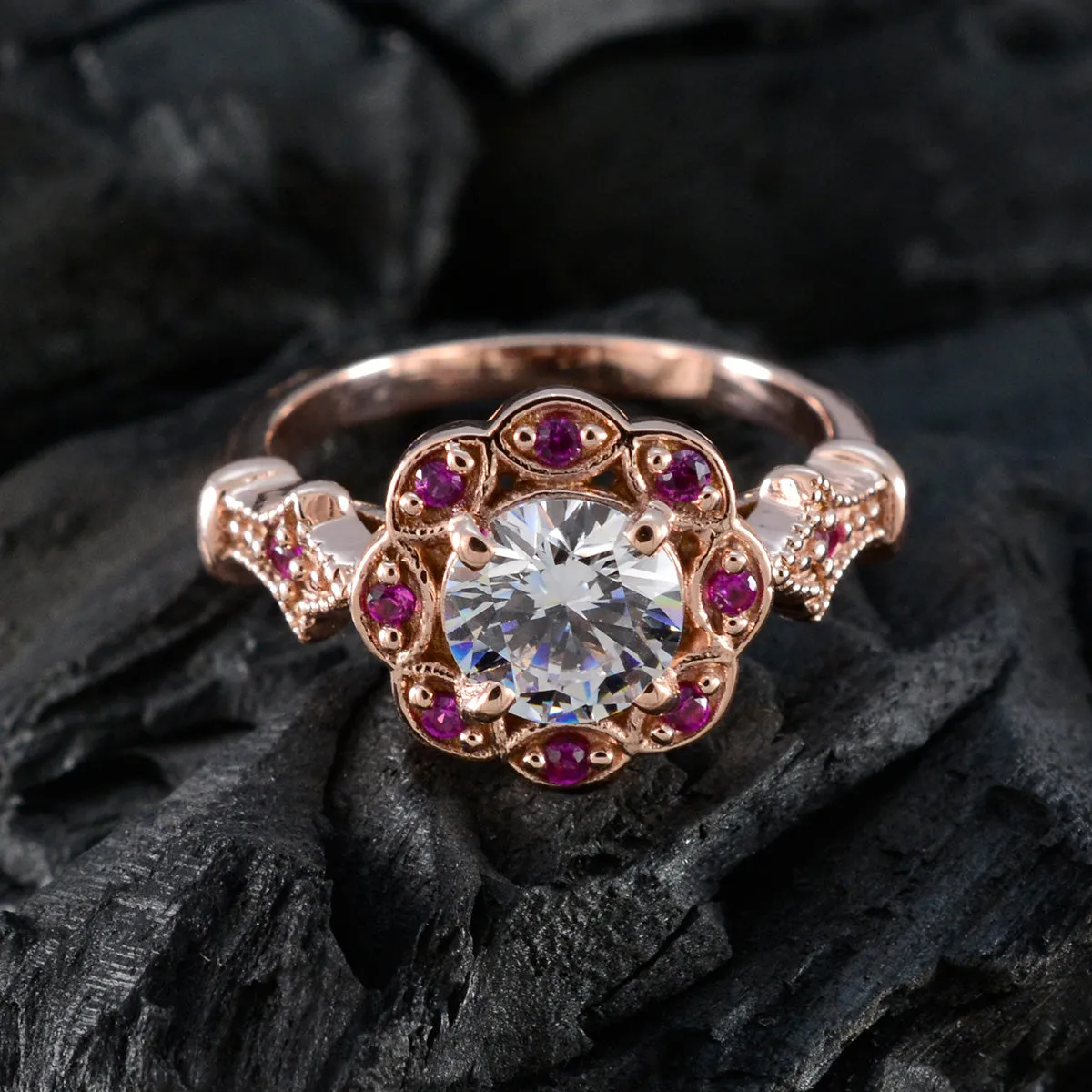 Riyo Attractive Silver Ring With Rose Gold Plating Ruby CZ Stone Round Shape Prong Setting Bridal Jewelry Anniversary Ring