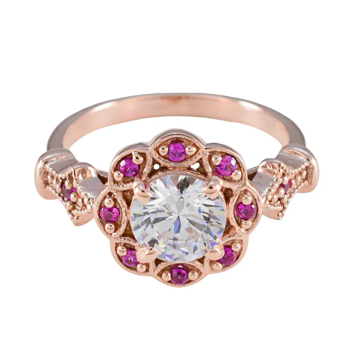 Riyo Attractive Silver Ring With Rose Gold Plating Ruby CZ Stone Round Shape Prong Setting Bridal Jewelry Anniversary Ring