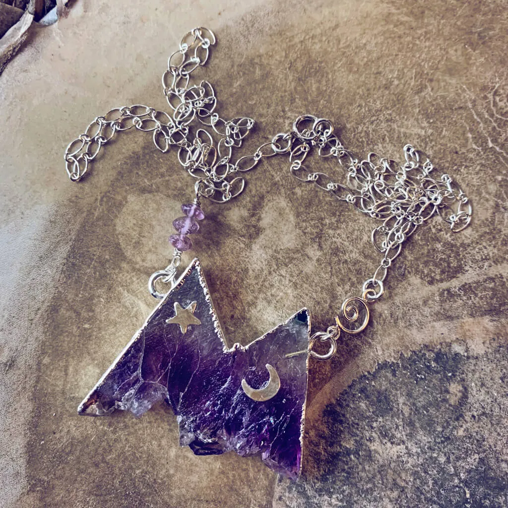 rocky mountain // silver electroformed amethyst slice mountain pendant necklace