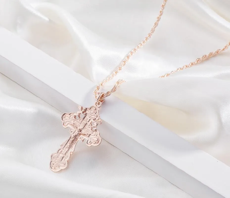 Rose Gold Ortodox Crucifix Pendant and Chain Necklace