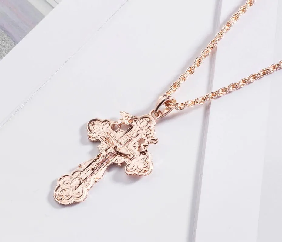 Rose Gold Ortodox Crucifix Pendant and Chain Necklace