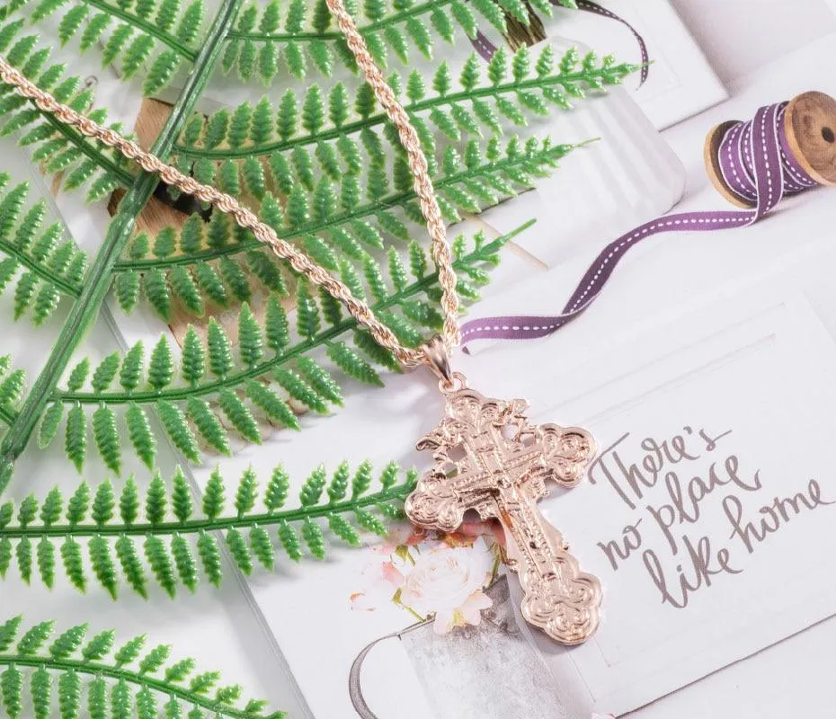 Rose Gold Ortodox Crucifix Pendant and Chain Necklace