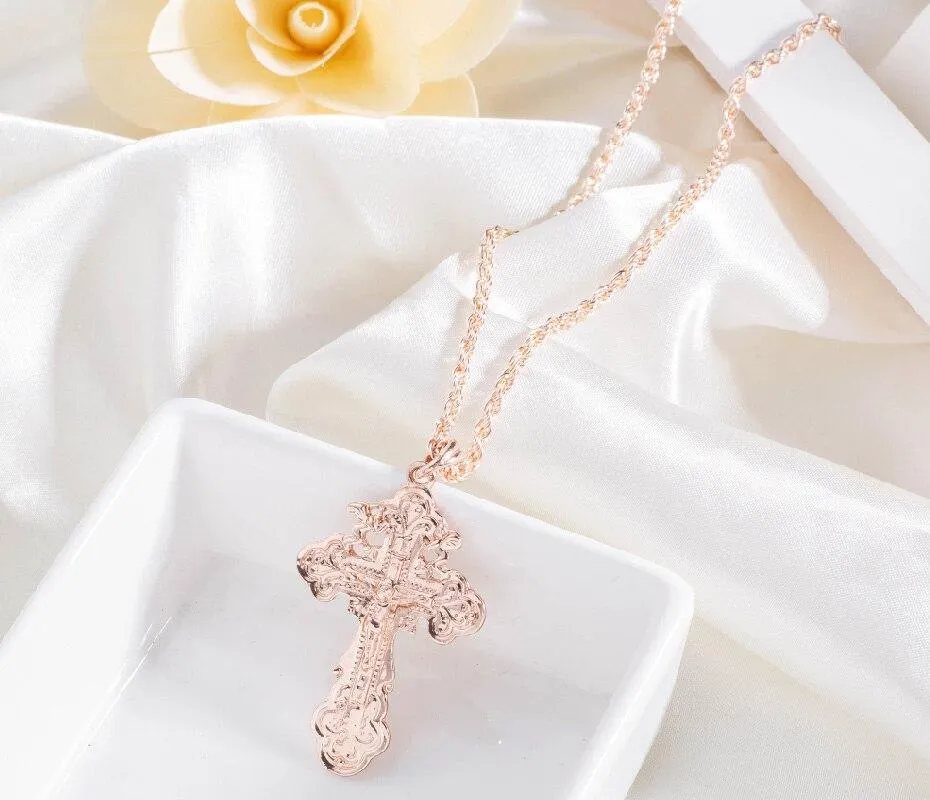 Rose Gold Ortodox Crucifix Pendant and Chain Necklace