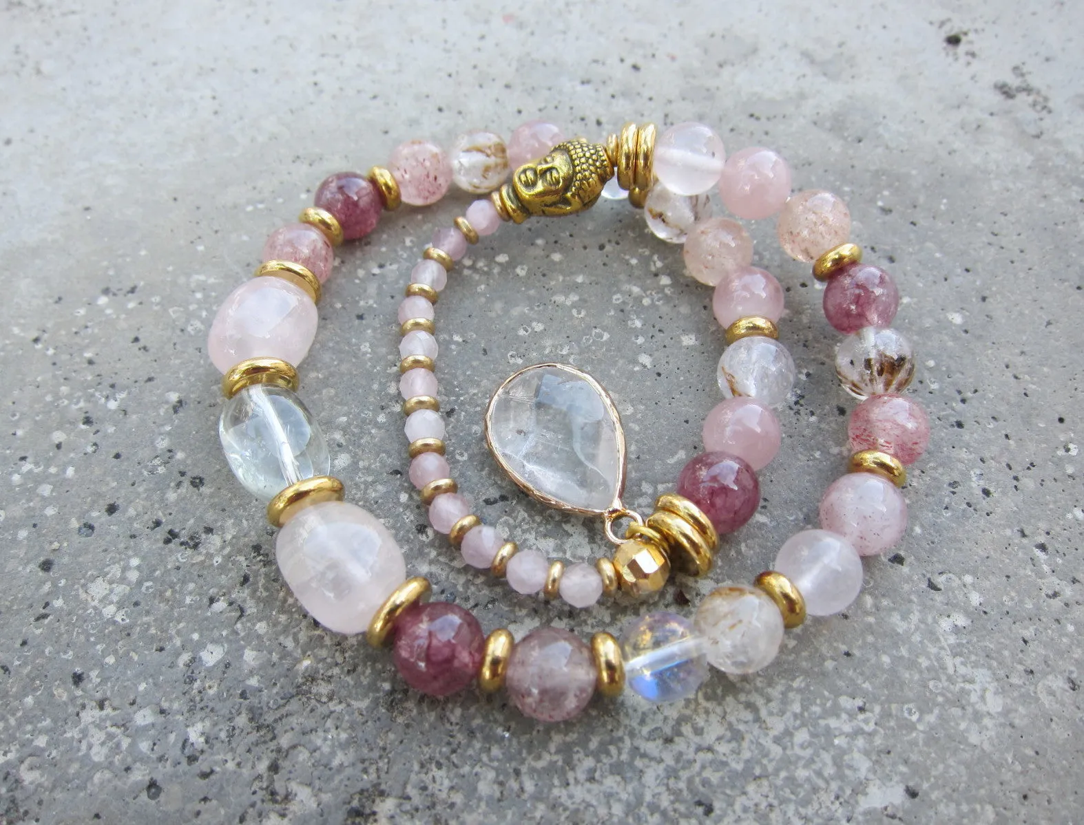 Rose Quartz - Love Mala Bracelet in clear Quartz Charm - Fertility Bracelet