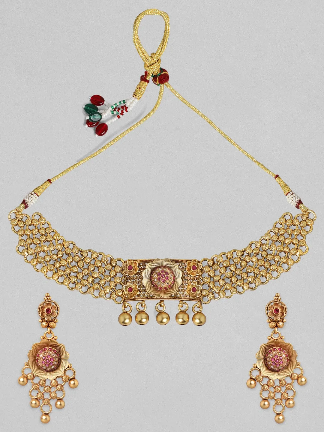 Rubans 24K Gold Plated Handcrafted Ruby Stone Temple Choker Set