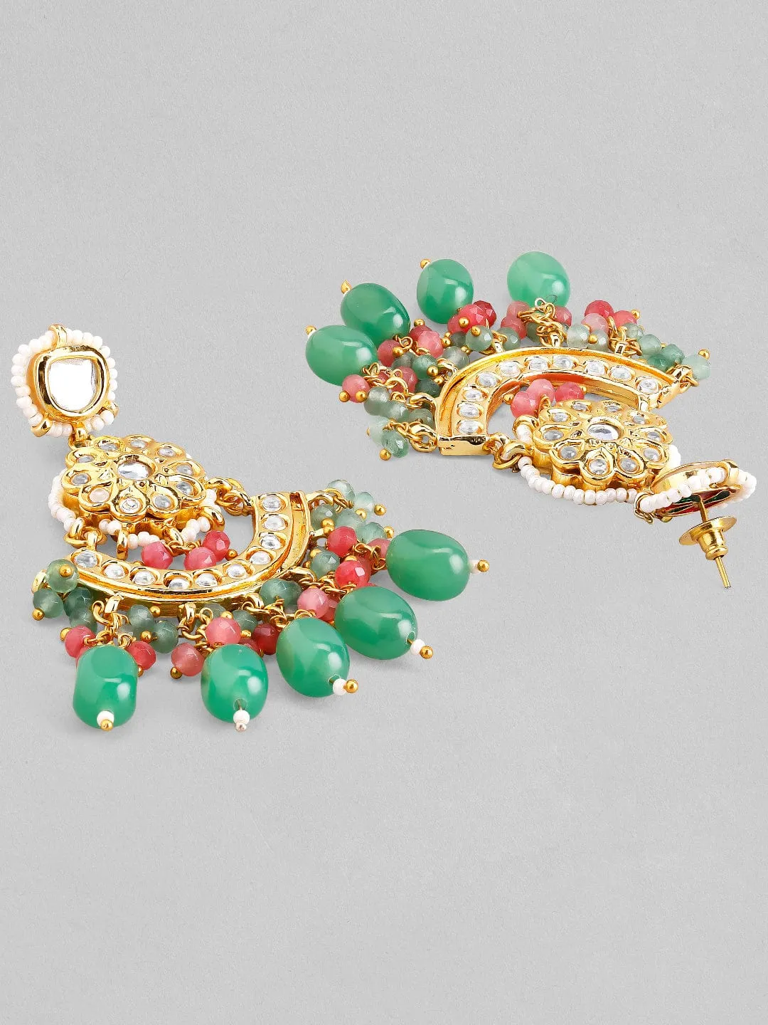 Rubans Luxury Gold Plated Green & Red Beaded Kundan Necklace Set