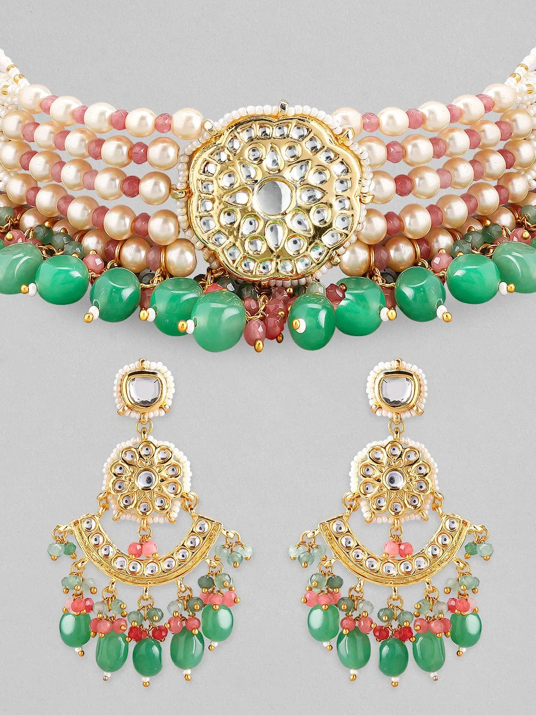 Rubans Luxury Gold Plated Green & Red Beaded Kundan Necklace Set