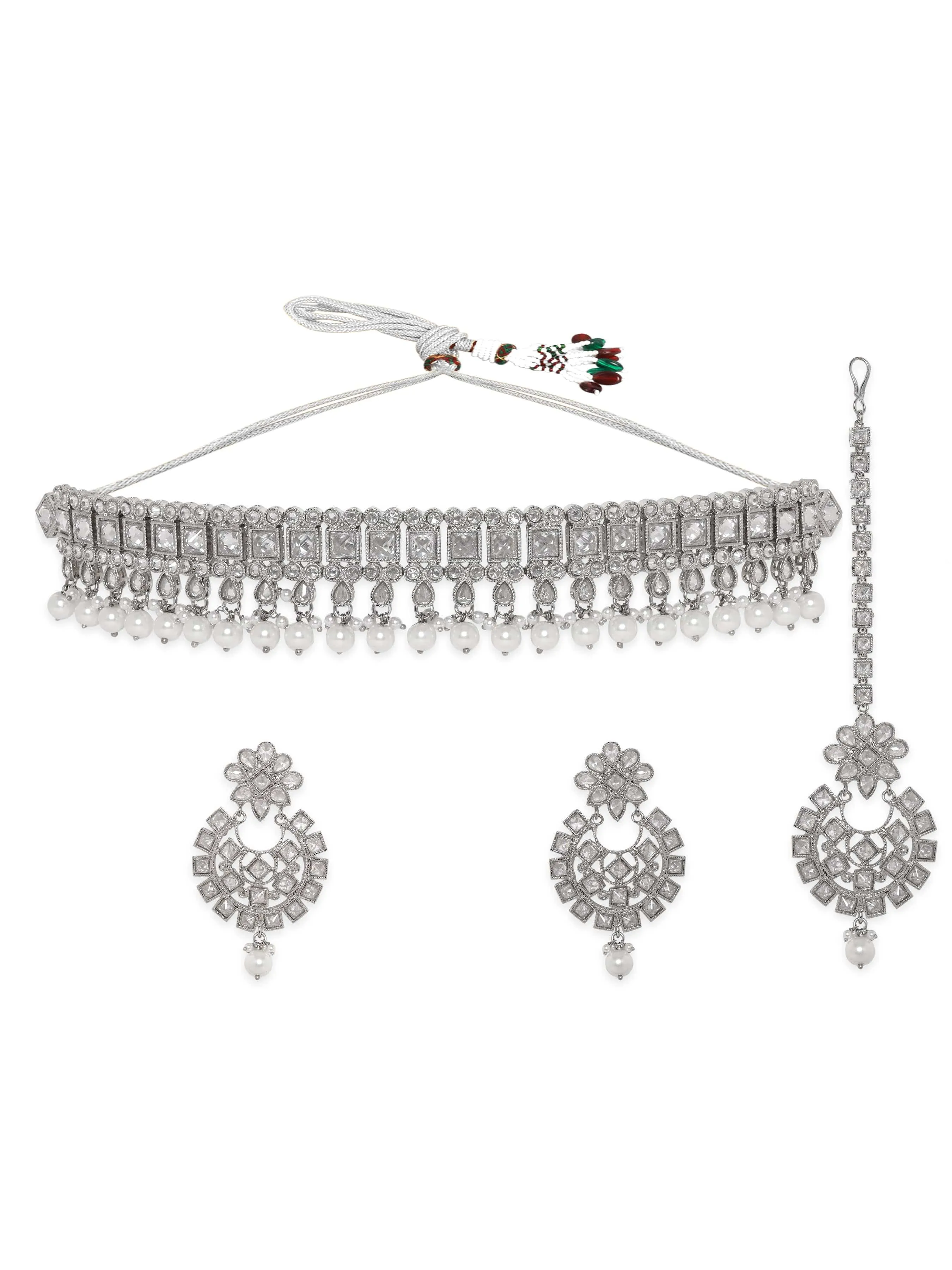 Rubans Rhodium Plated Reverse AD & Pearl beaded Choker Set