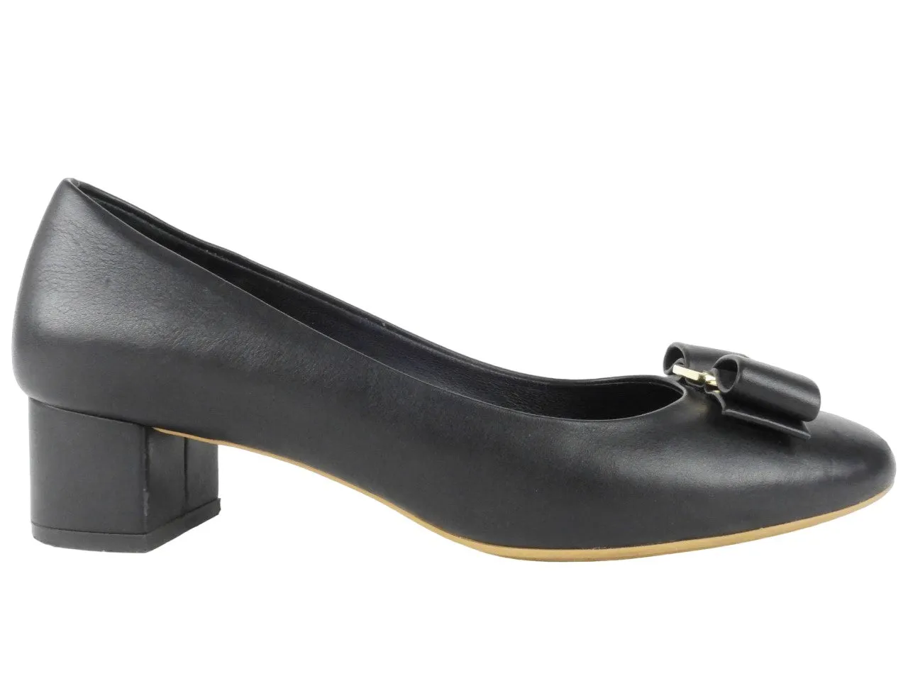 Salvatore Ferragamo Black Leather Vera Bow Low Block Heel Pump - 6