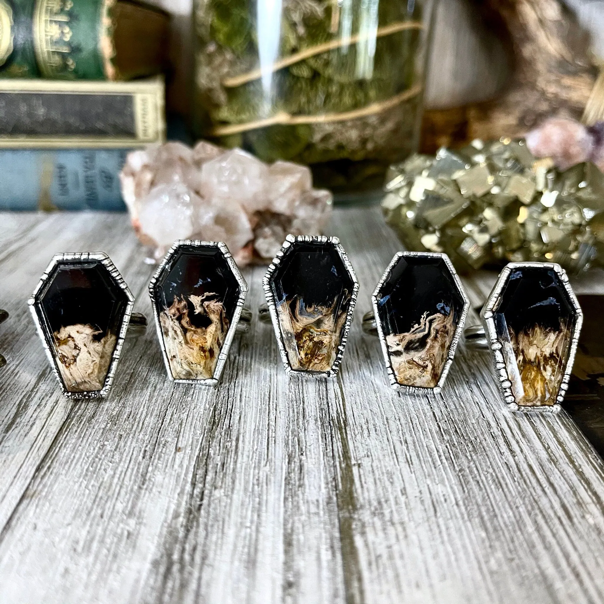 Silver Coffin Ring Black Stone Ring Size 8 9 10 / Fossilized Palm Root Coffin Jewelry /Gothic Ring For Woman