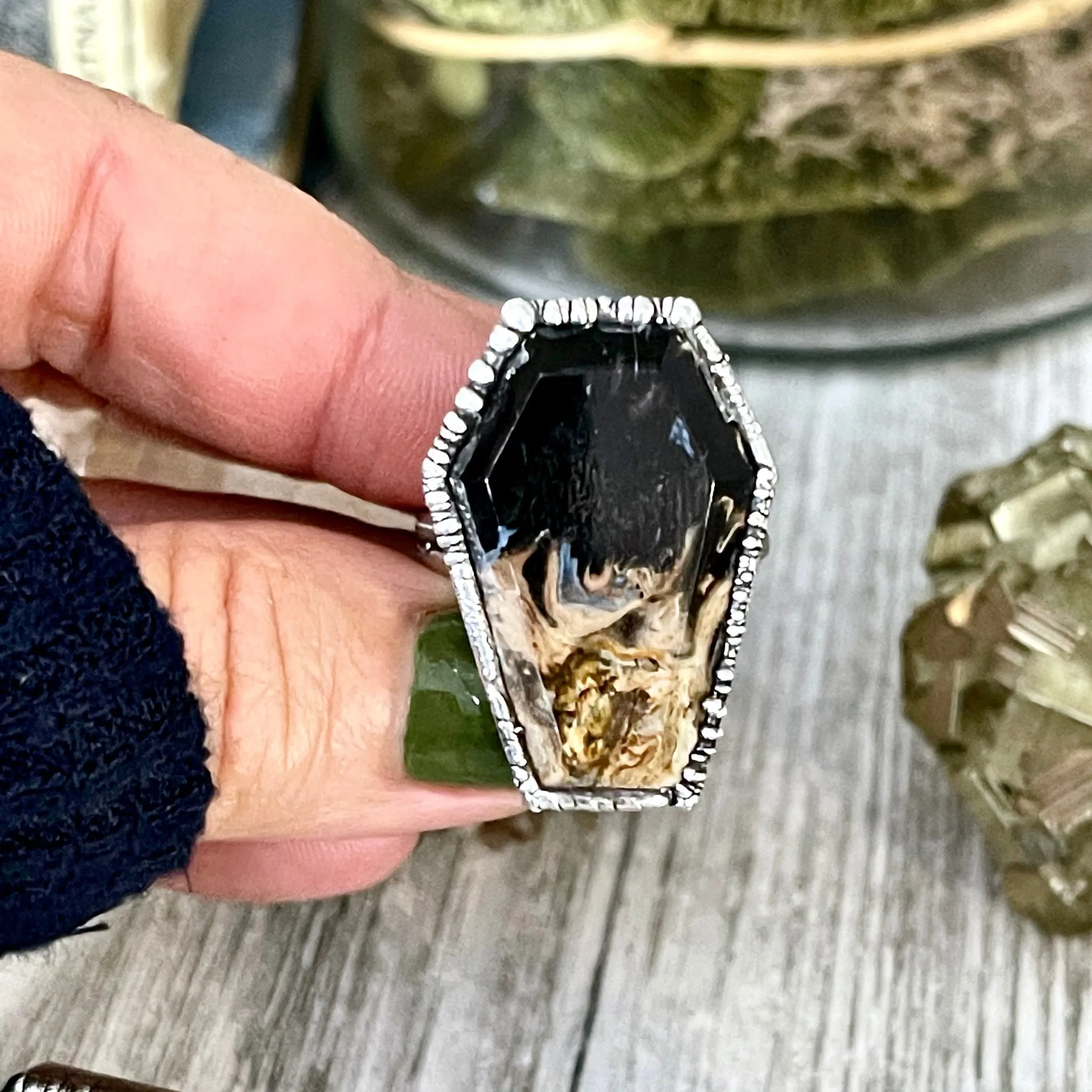 Silver Coffin Ring Black Stone Ring Size 8 9 10 / Fossilized Palm Root Coffin Jewelry /Gothic Ring For Woman