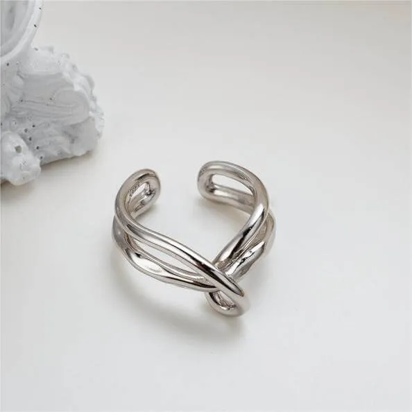 Silver Multi-Layered Twisted Irregular Lines Band Ring