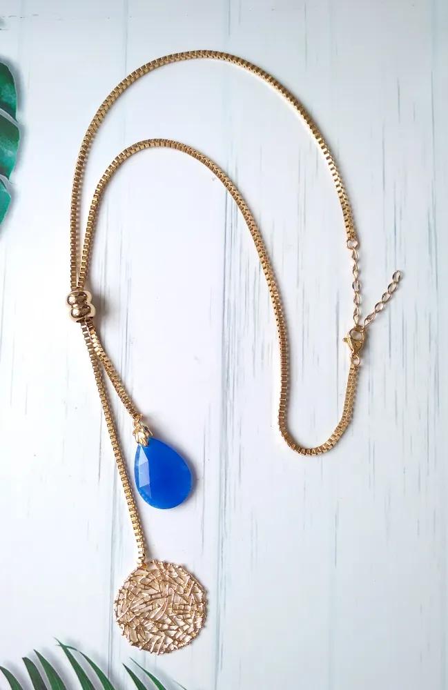 Sinamay with Teardrop Blue Jade Slider Necklace