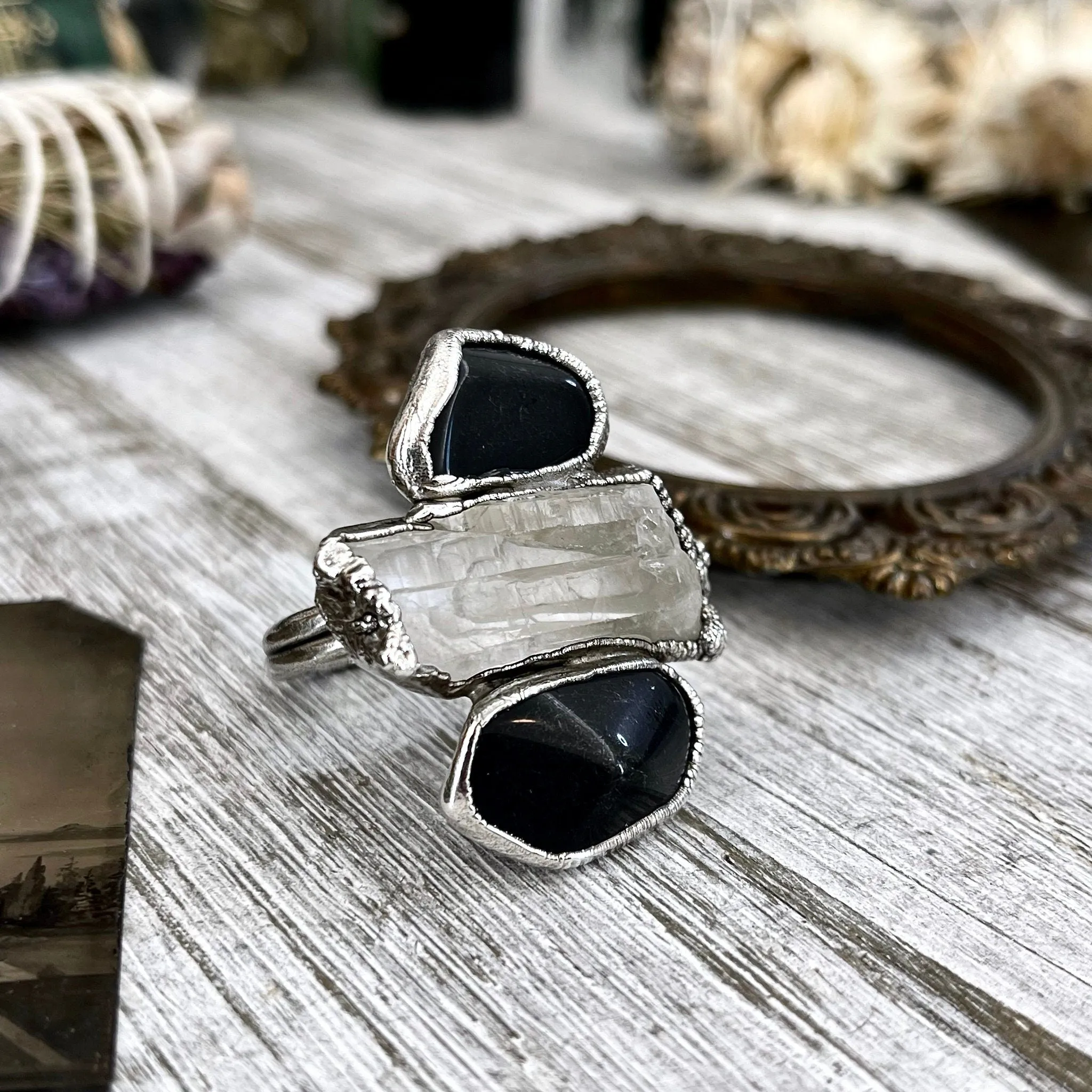 Size 10 Crystal Ring - Three Stone Ring Black Onyx Raw Clear Quartz Ring Silver / Foxlark Collection - One of a Kind