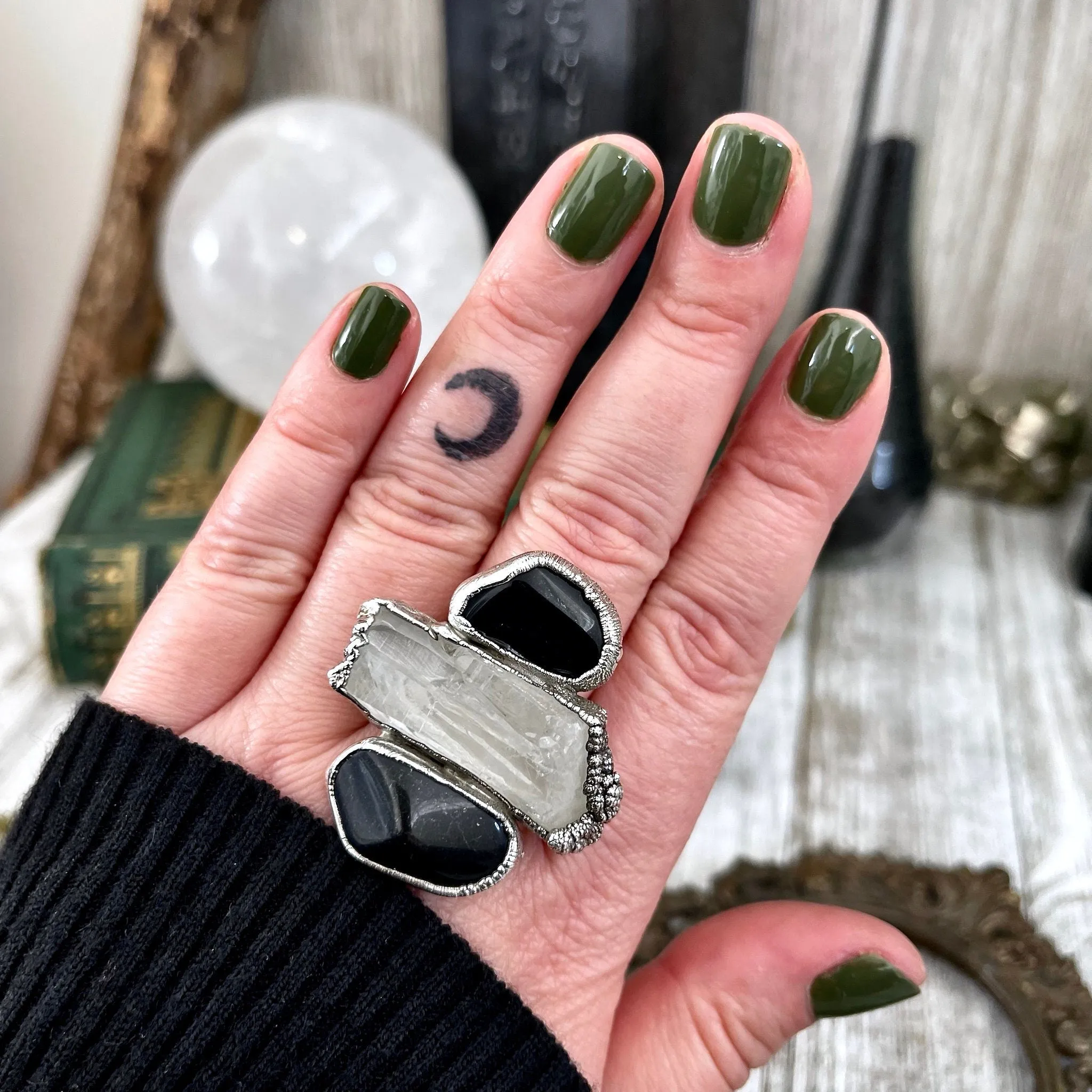 Size 10 Crystal Ring - Three Stone Ring Black Onyx Raw Clear Quartz Ring Silver / Foxlark Collection - One of a Kind