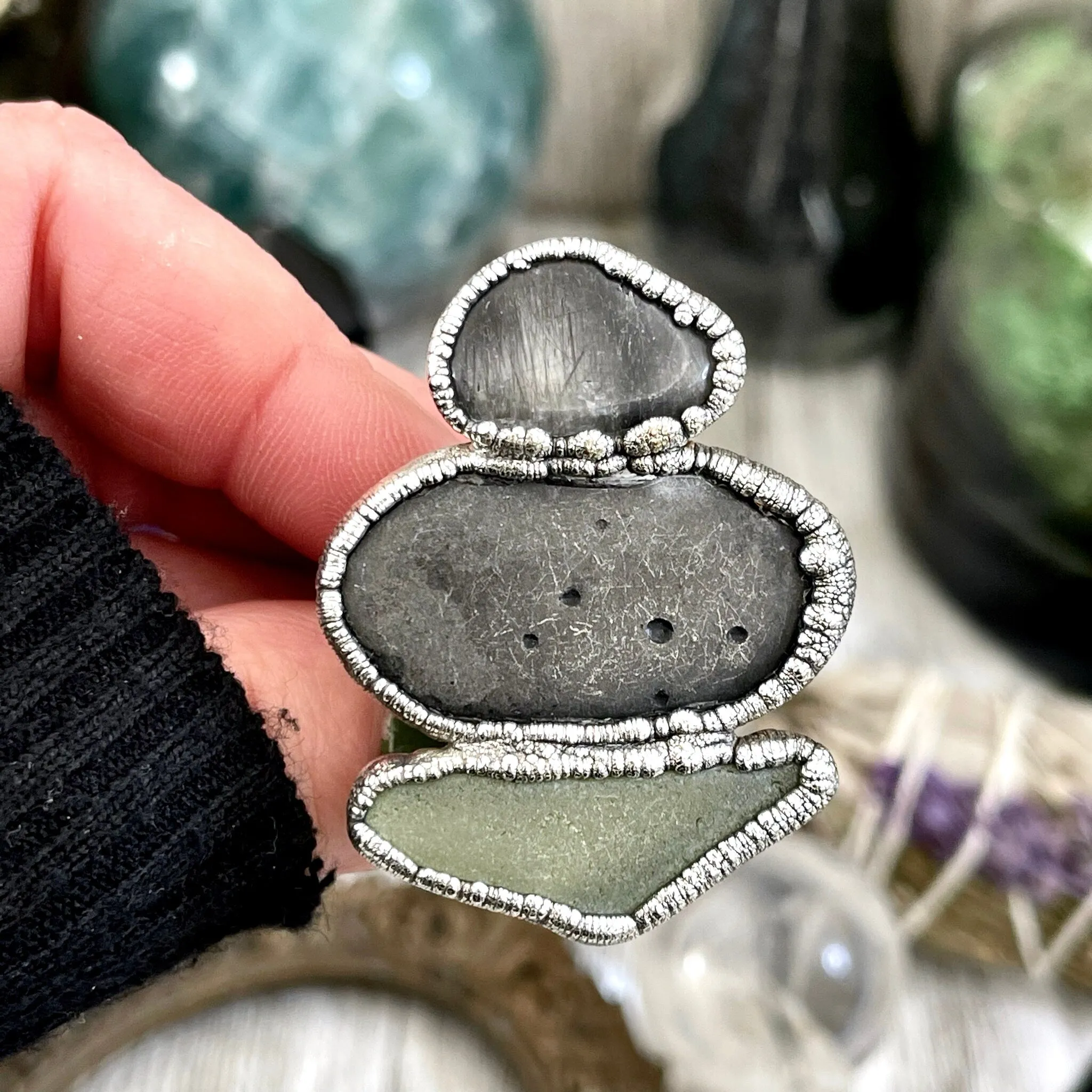 Size 10 Three Stone Ring- Tourmaline Quartz River Rock Sea Glass Crystal Ring Fine Silver / Foxlark Collection - One of a Kind