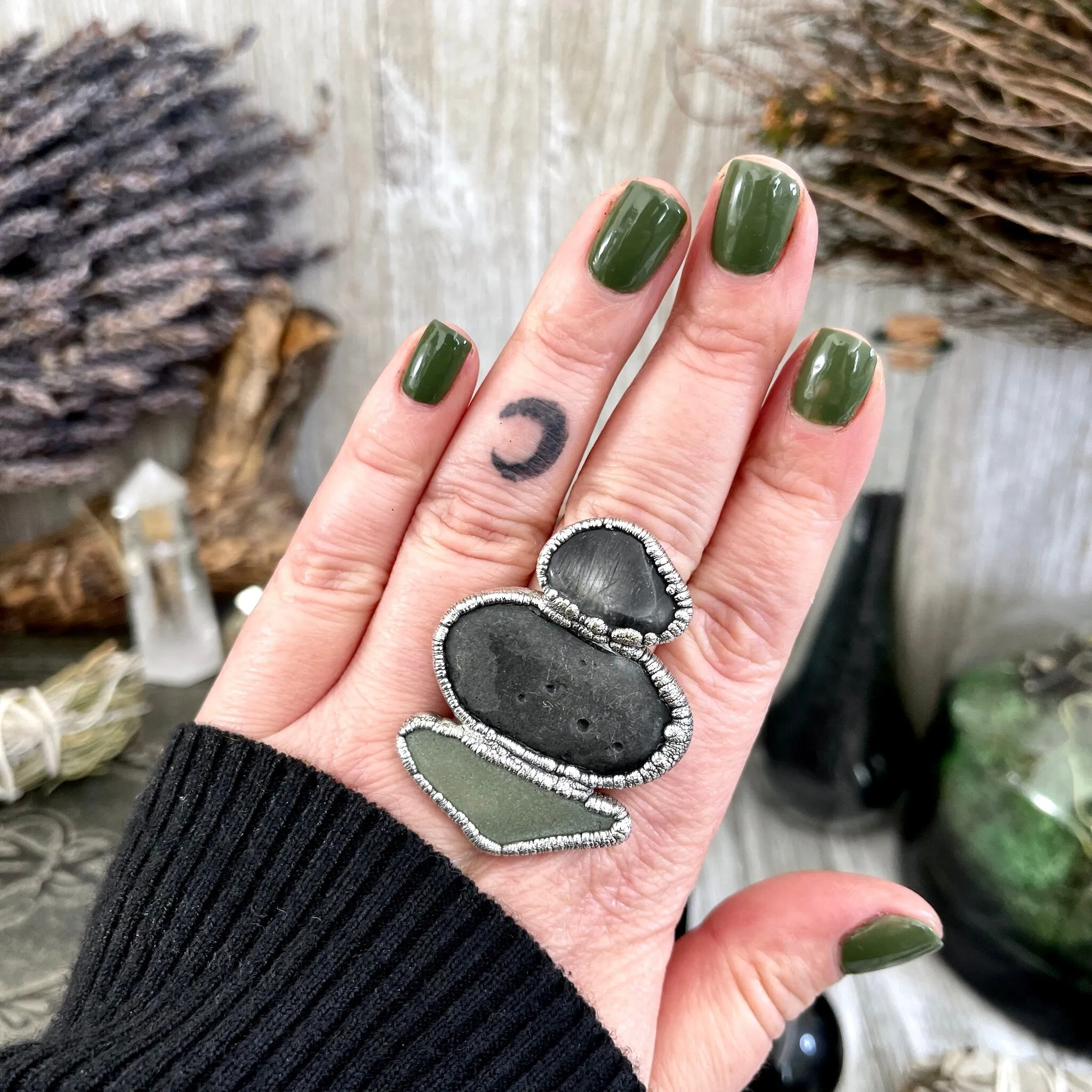 Size 10 Three Stone Ring- Tourmaline Quartz River Rock Sea Glass Crystal Ring Fine Silver / Foxlark Collection - One of a Kind