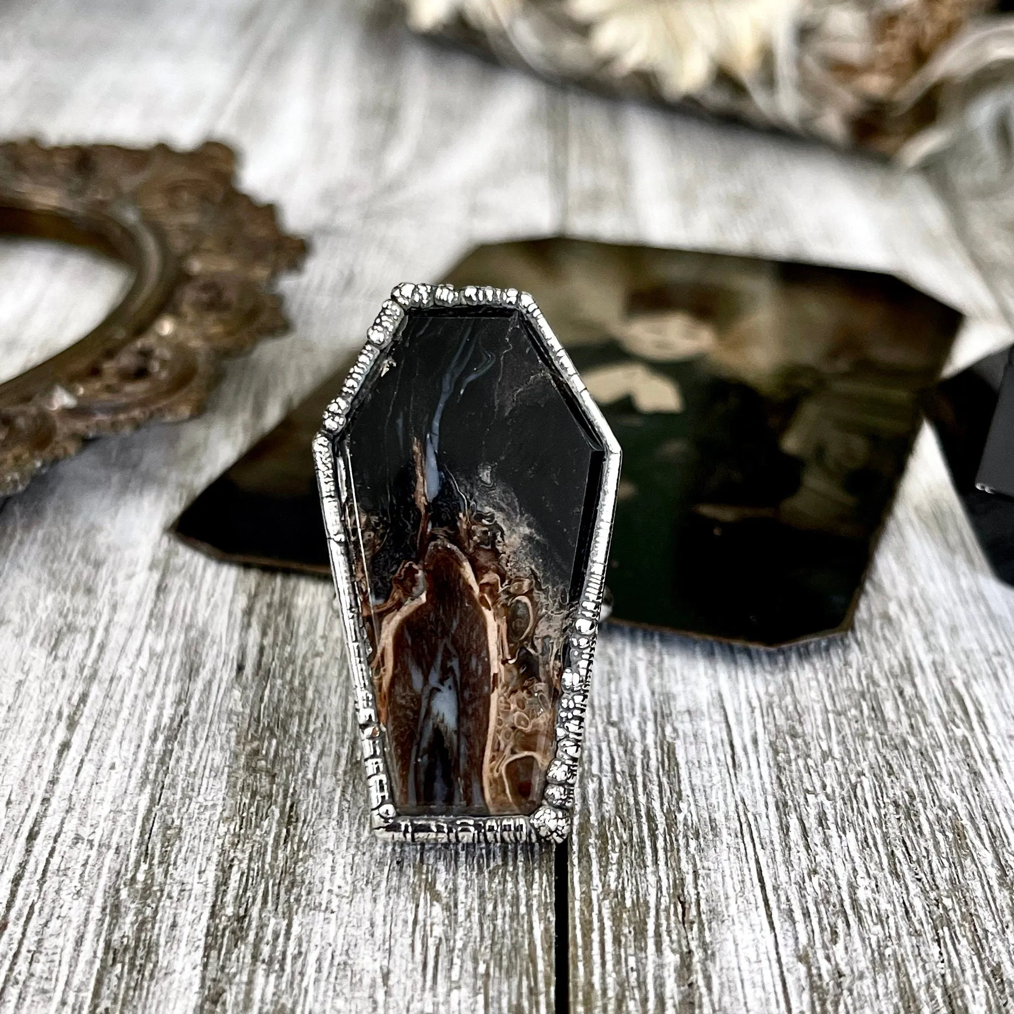 Size 7  Fossilized Palm Root Coffin Statement Ring in Fine Silver / Foxlark Collection - One of a Kind