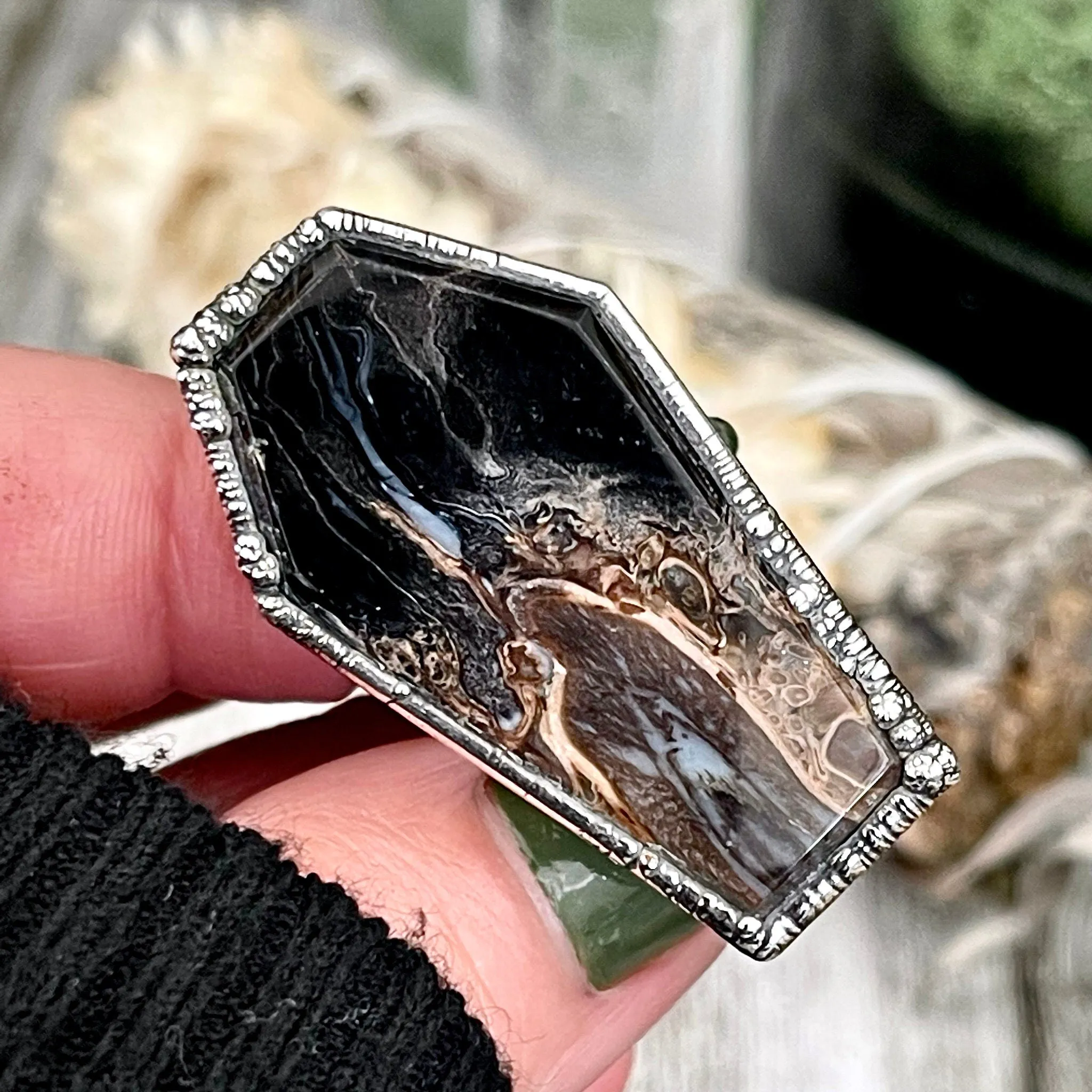 Size 7  Fossilized Palm Root Coffin Statement Ring in Fine Silver / Foxlark Collection - One of a Kind