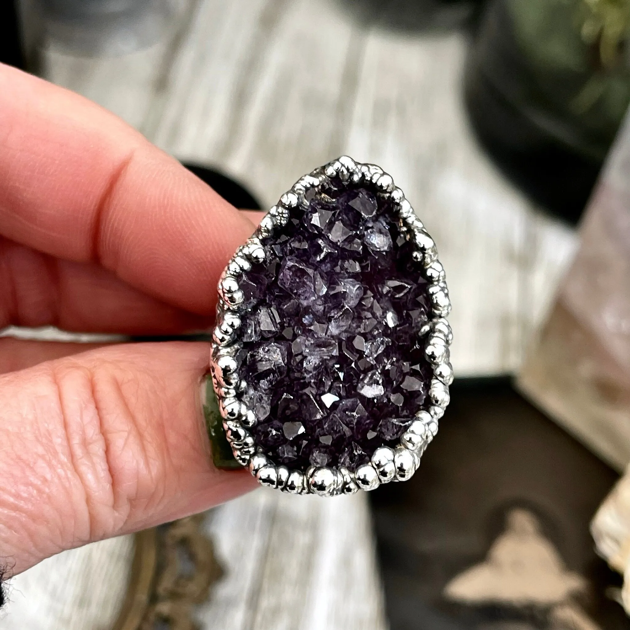 Size 7.5 Big Raw Amethyst Purple Crystal Ring in Fine Silver / Foxlark Collection - One of a Kind