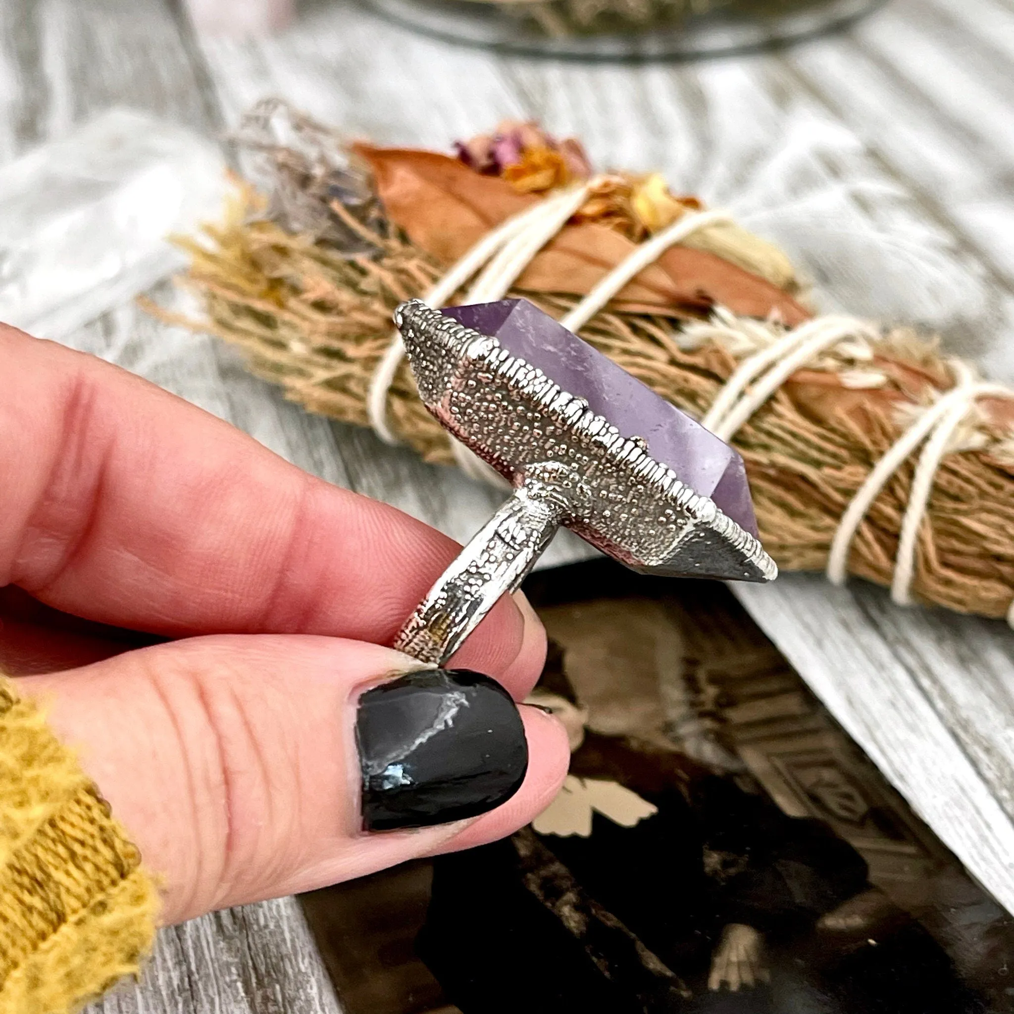 Size 8.5 Amethyst Point Ring Set in Fine Silver / Foxlark Collection - One of a Kind