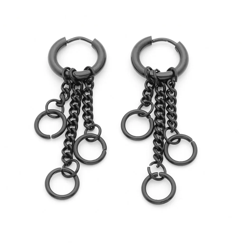 Stainless Steel 3 Drop Chains Huggie Hoop Earrings - Black