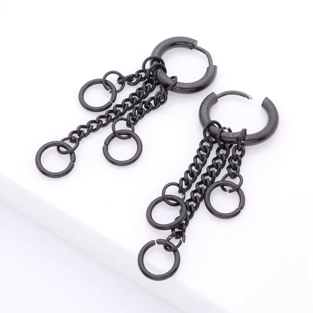 Stainless Steel 3 Drop Chains Huggie Hoop Earrings - Black