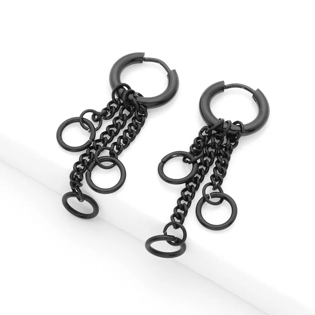 Stainless Steel 3 Drop Chains Huggie Hoop Earrings - Black