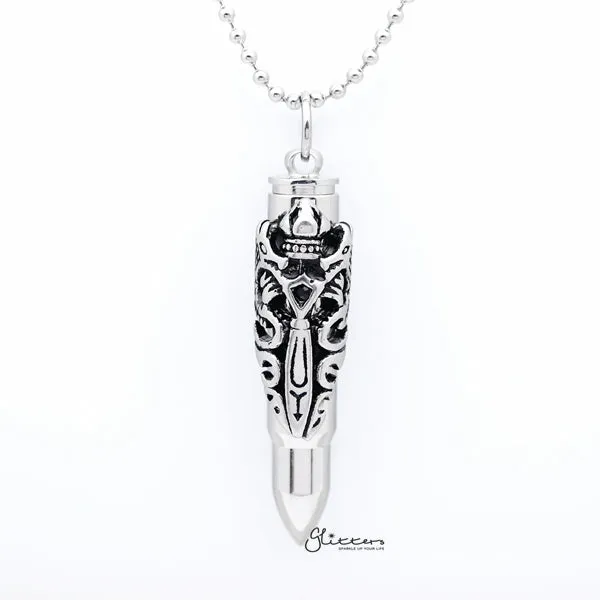 Stainless Steel Openable Bullet Pendant with Two Dragons and Sword