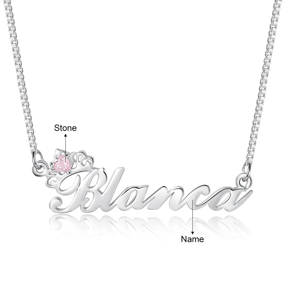 Sterling Silver 1 Name 1 Stone Personalized Crown Necklace