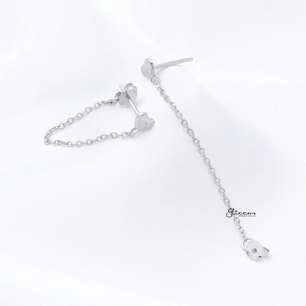 Sterling Silver Heart with Chain Stud Earrings - Silver