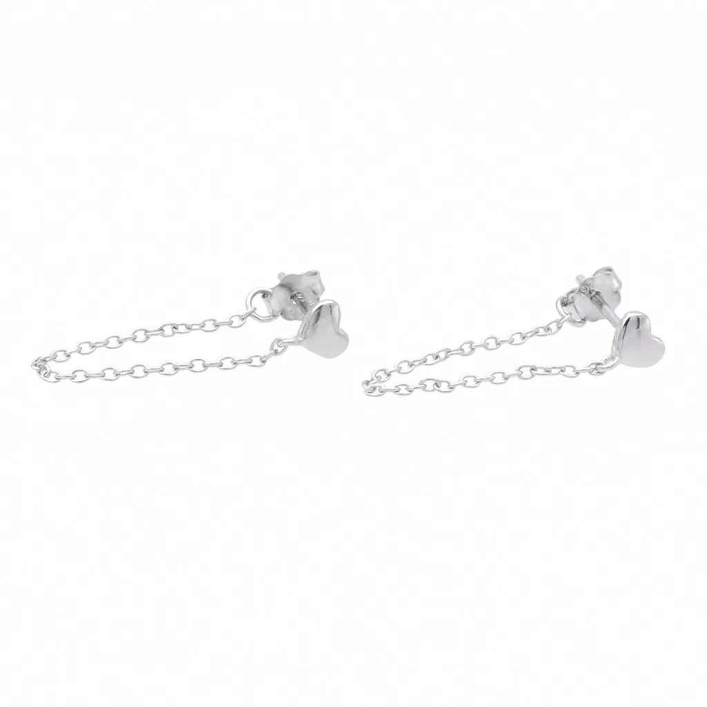 Sterling Silver Heart with Chain Stud Earrings - Silver