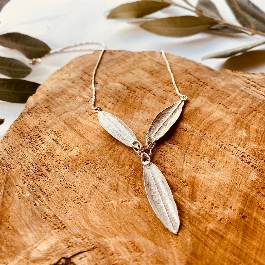 Sterling Silver Necklace in Y Shape 3-Olive Leaf