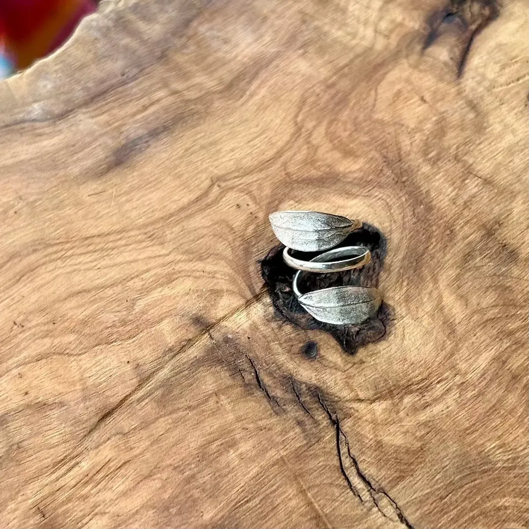 Sterling Silver Ring - Band with 2 Leaves With Extra Spiral