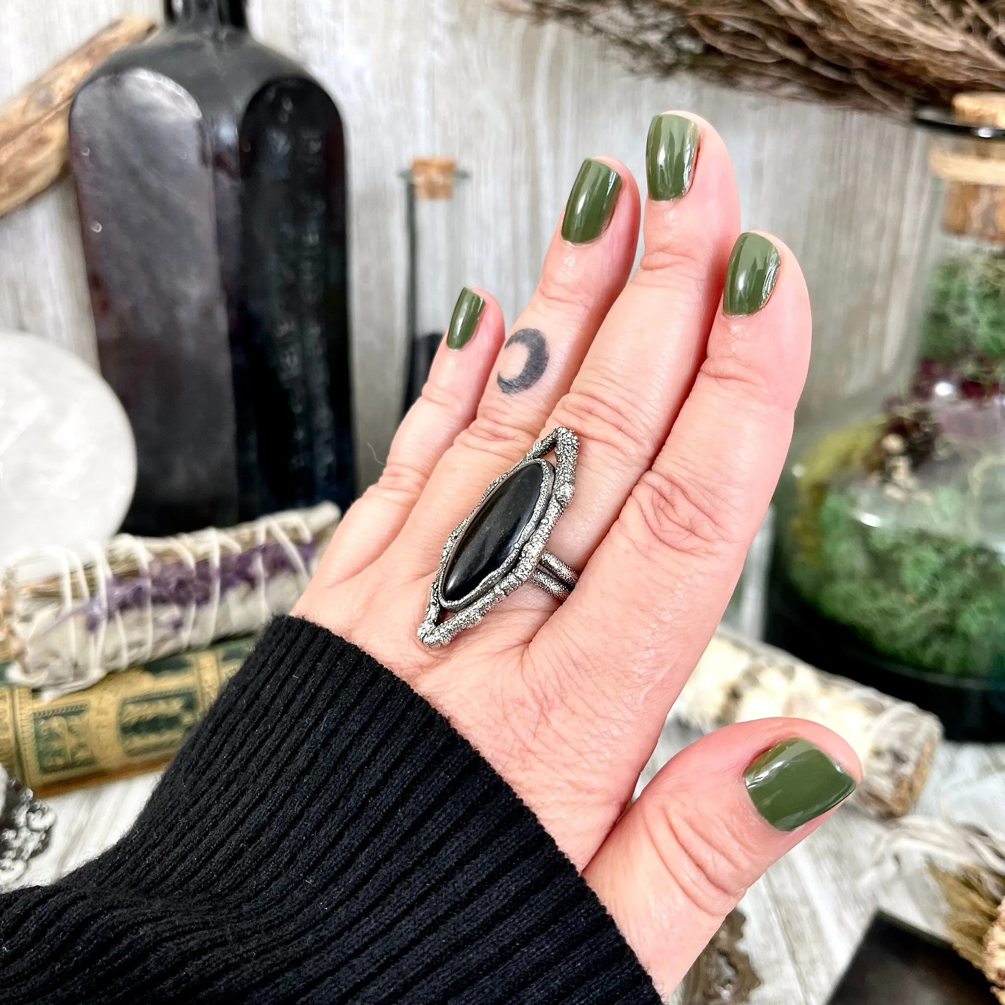 Sticks and Stones Collection- Size 9 Black Onyx Statement Ring in Fine Silver // Big Punk Ring Goth Witchy Crystal Ring Gemstone Jewelry