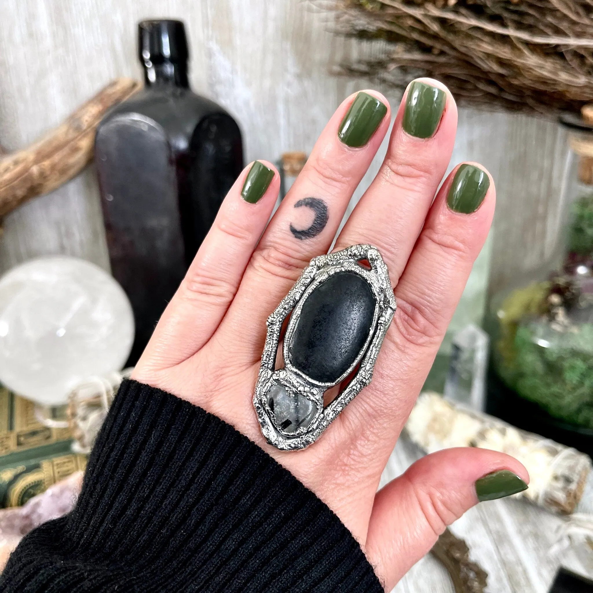 Sticks and Stones Collection- Size 9 River Rock & Tourmaline Quartz Statement Ring in Fine Silver // Black Punk Goth Witchy Gemstone Jewelry