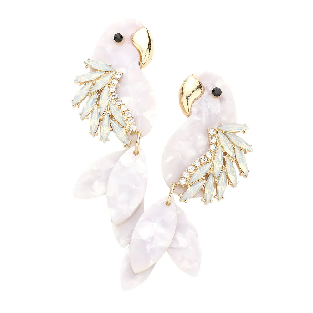 Stone Embellished Celluloid Acetate Parrot Dangle Earrings