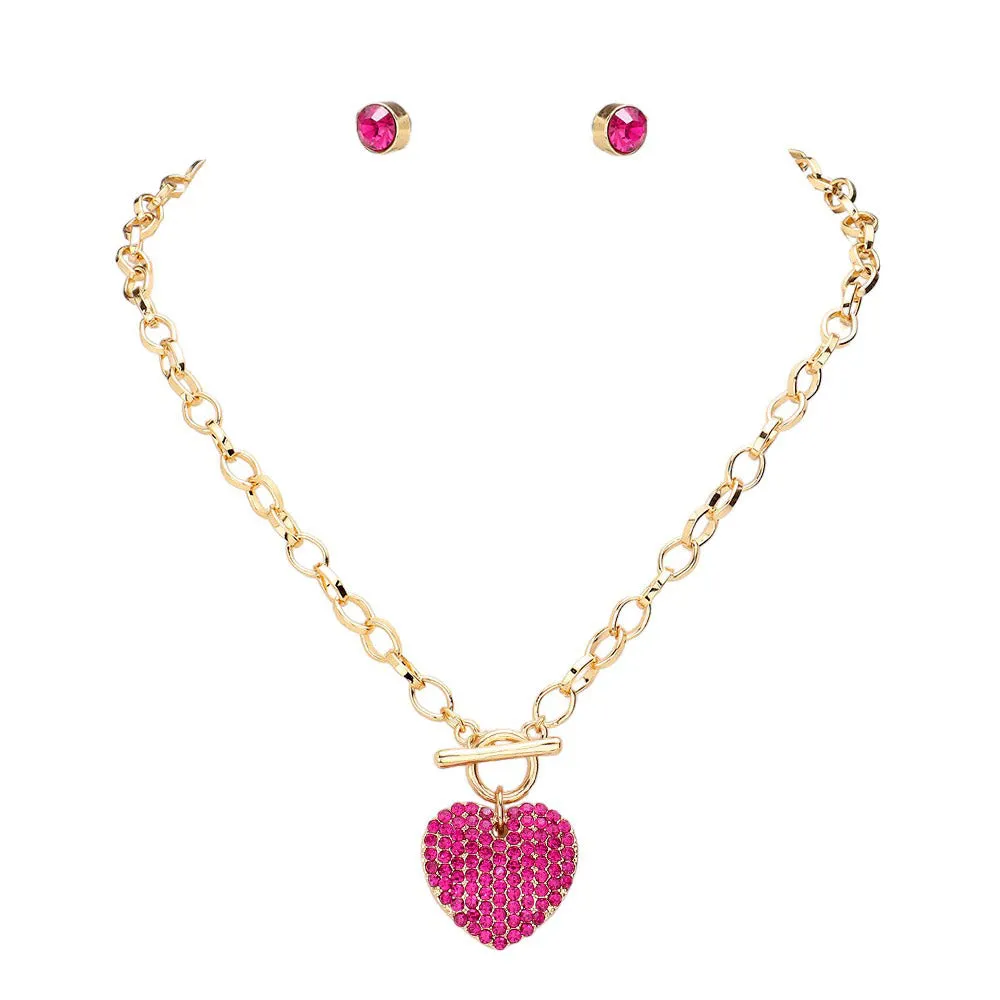 Stone Paved Heart Pendant Metal Toggle Jewelry Set