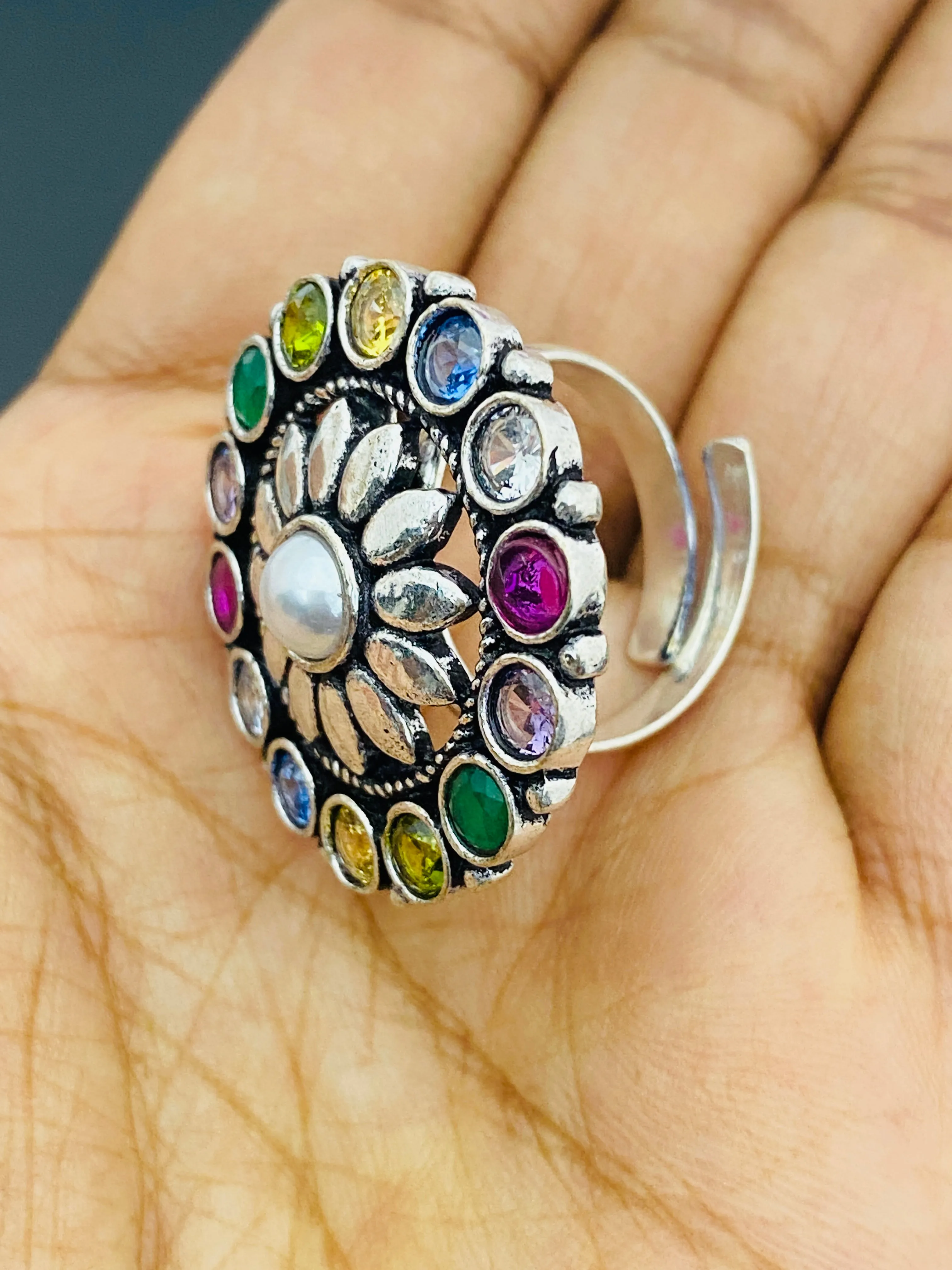 Stunning Multi Color Stone Studded Silver Toned Designer Oxidized Adjustable Finger Ring