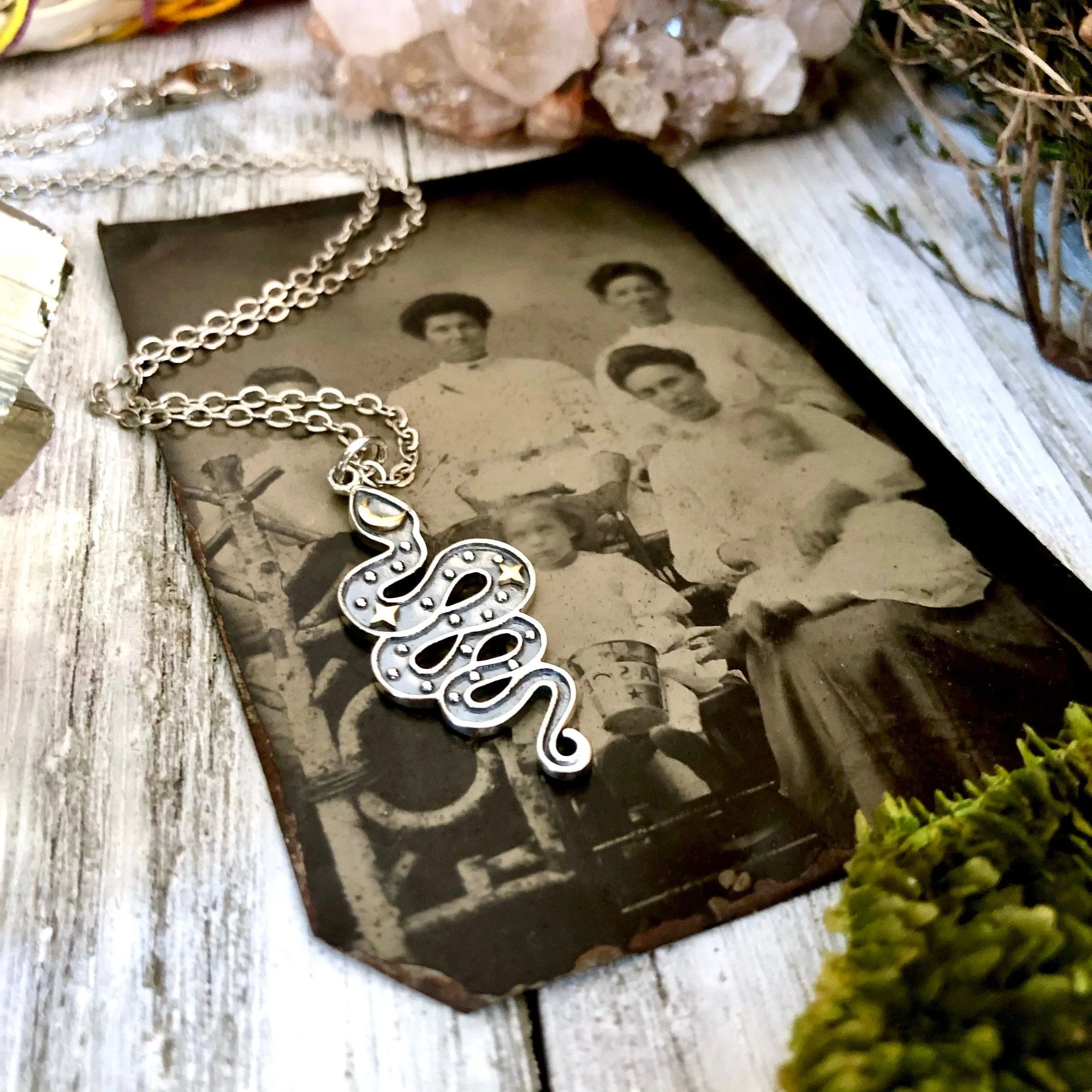 Tiny Talisman Collection - Sterling Silver Snake Pendant with Bronze Moon and Stars 33x15mm  /