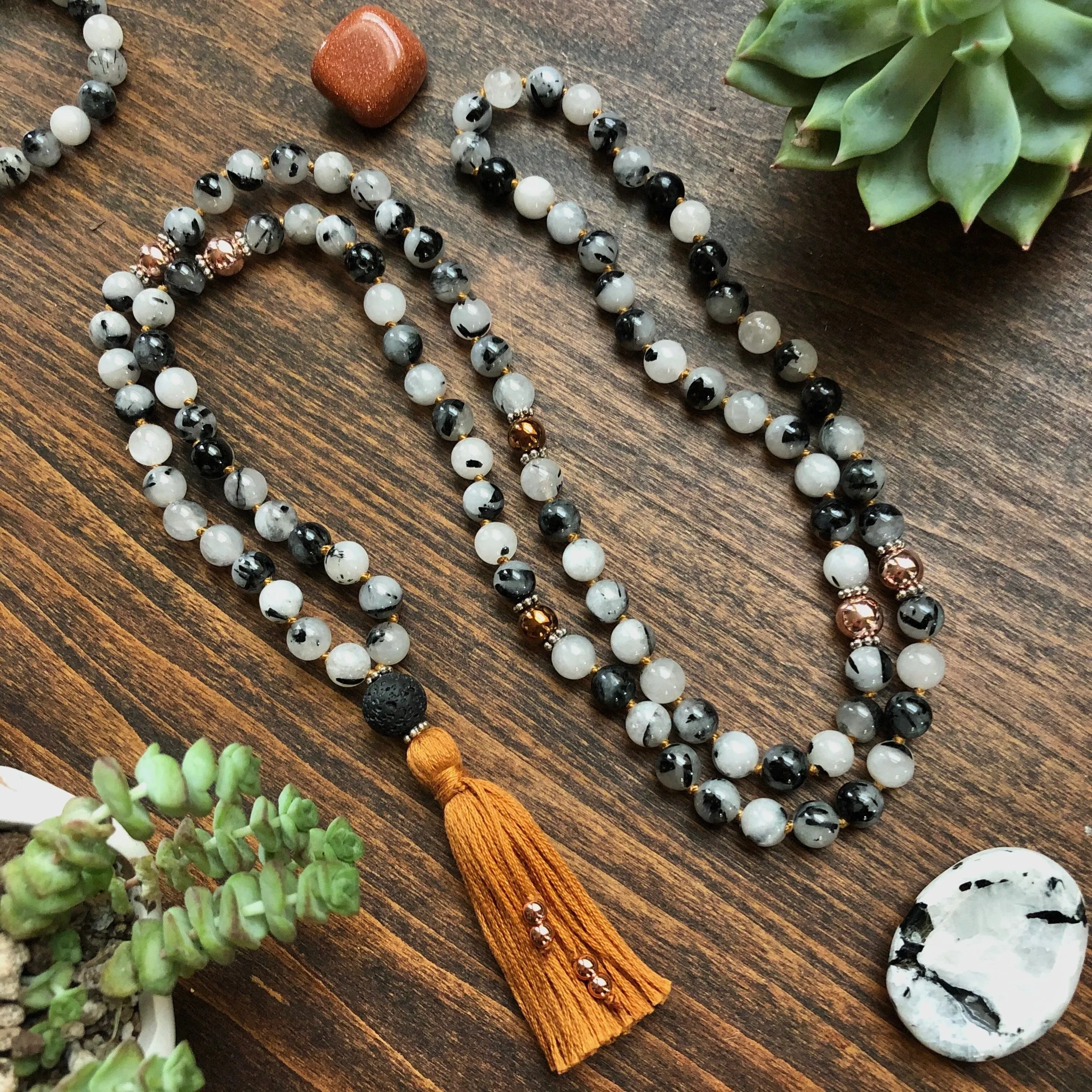 Tourmalinated Quartz Mala Necklace - Capricorn Birthstone Mala