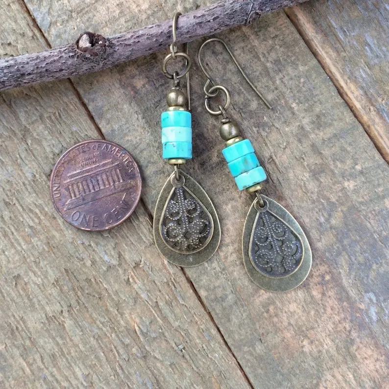 Turquoise and Brass Dangle Teardrop Earrings