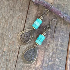 Turquoise and Brass Dangle Teardrop Earrings