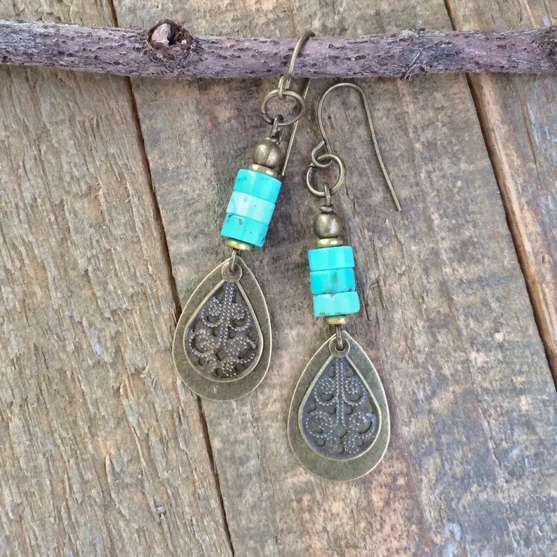 Turquoise and Brass Dangle Teardrop Earrings