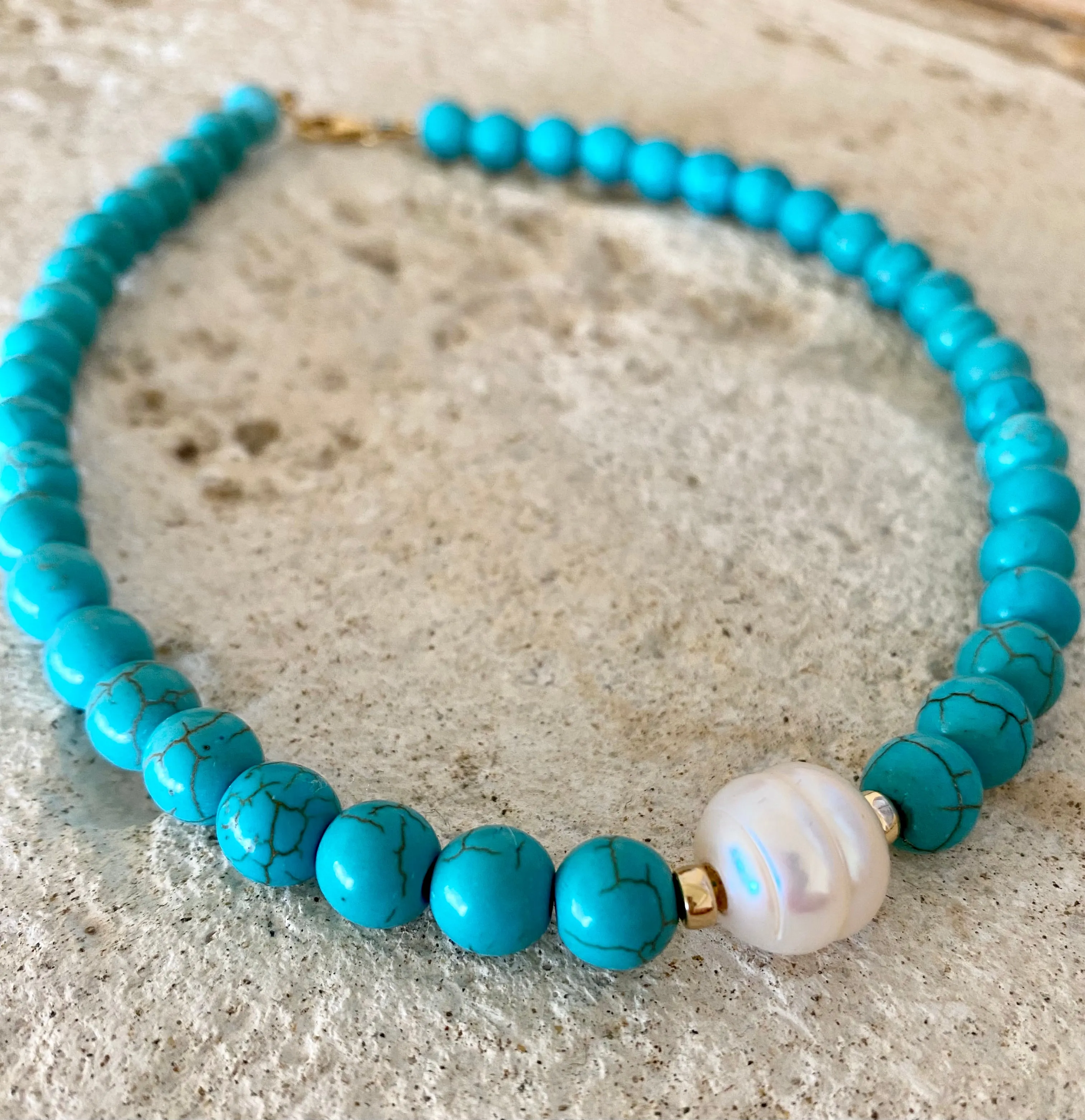 Turquoise with Fresh Water Pearl Choker Necklace, Gold Filled, Summer Jewelry, 14or 15inches