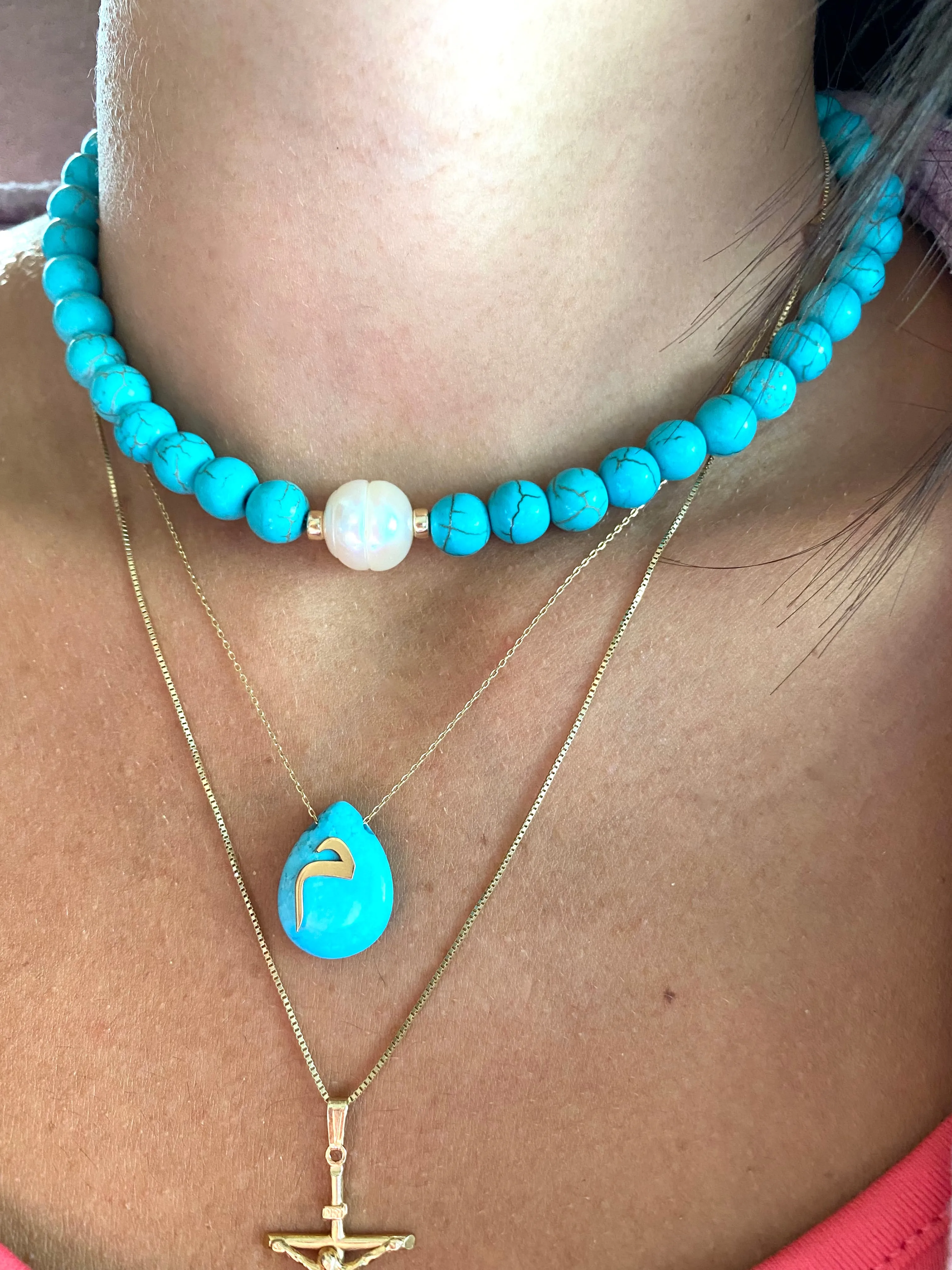 Turquoise with Fresh Water Pearl Choker Necklace, Gold Filled, Summer Jewelry, 14or 15inches