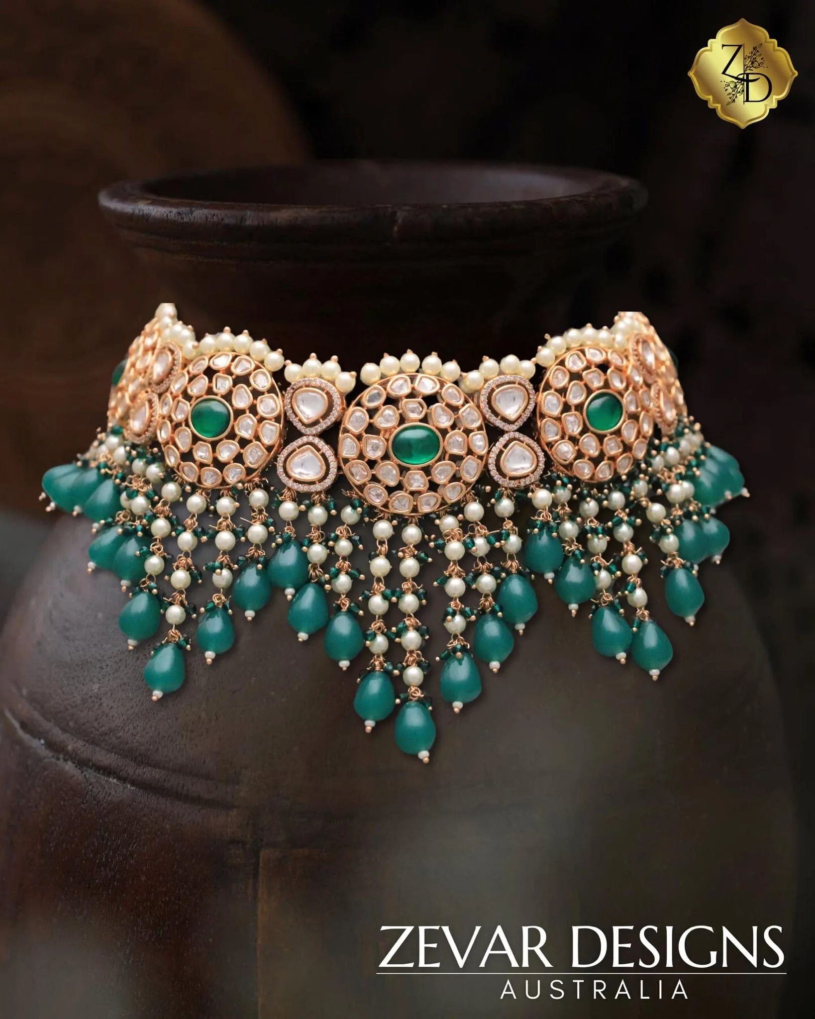 ‘TYAANI’ inspired Polki Choker Set - Emerald Green