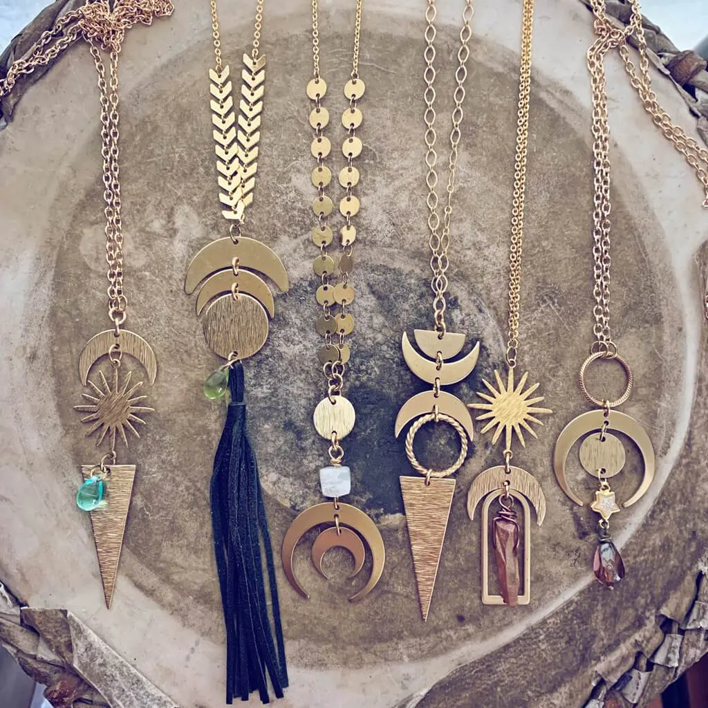 umbra // antiqued half moon, sunburst & crescent moon boho brass necklace